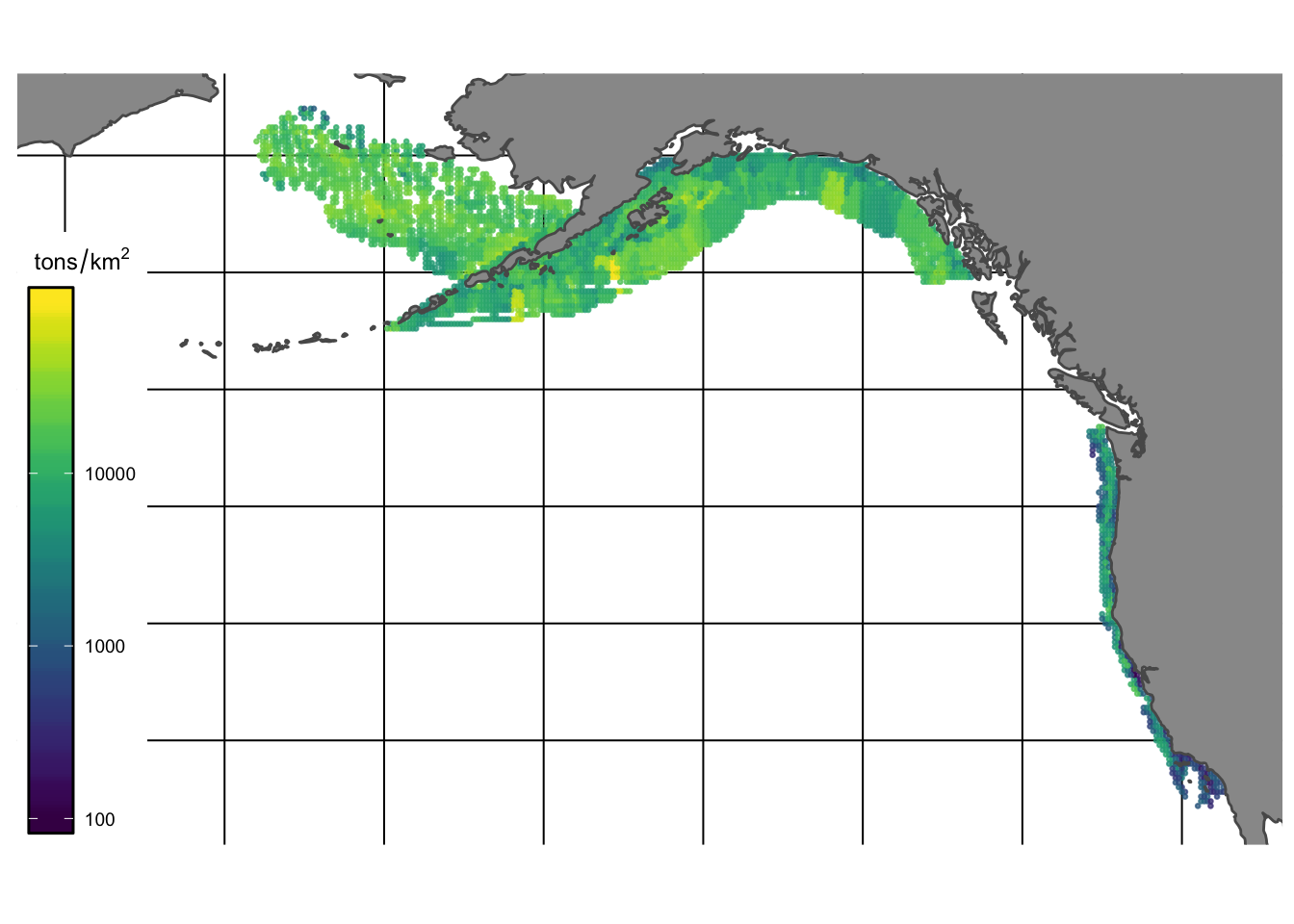 VAST estimates of density (tons/km^2^) of species observed in bottom trawl surveys for the Alaska region - NOTE seems like problem in reported units of trawl survey of AIBTS