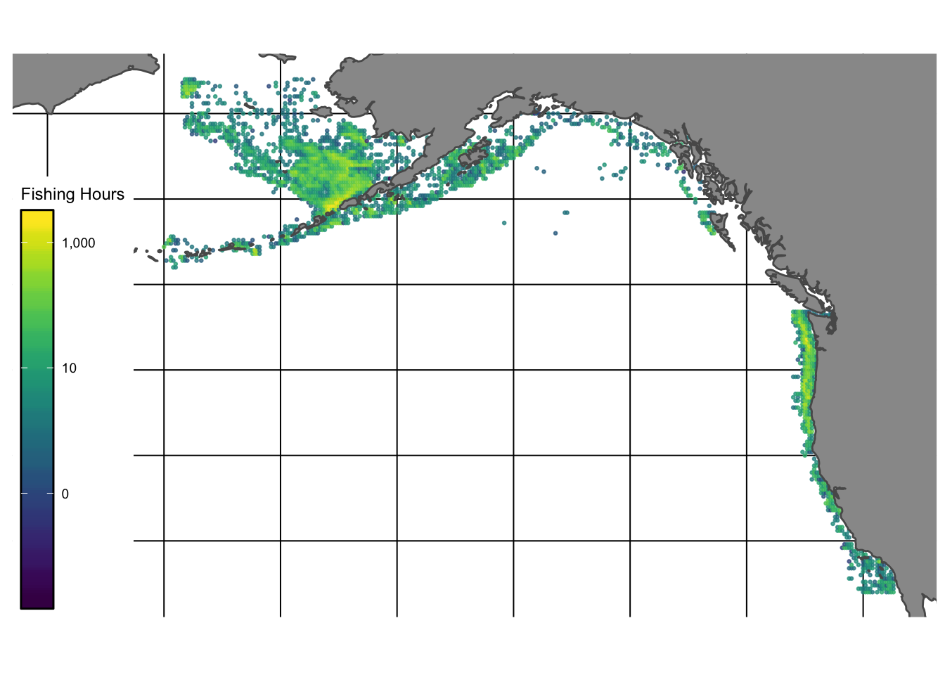 Total hours of fishing activity reported by Global Fishing Watch in the Eastern Bering Sea, Aluetian Islands, and Gulf of Alaska regions