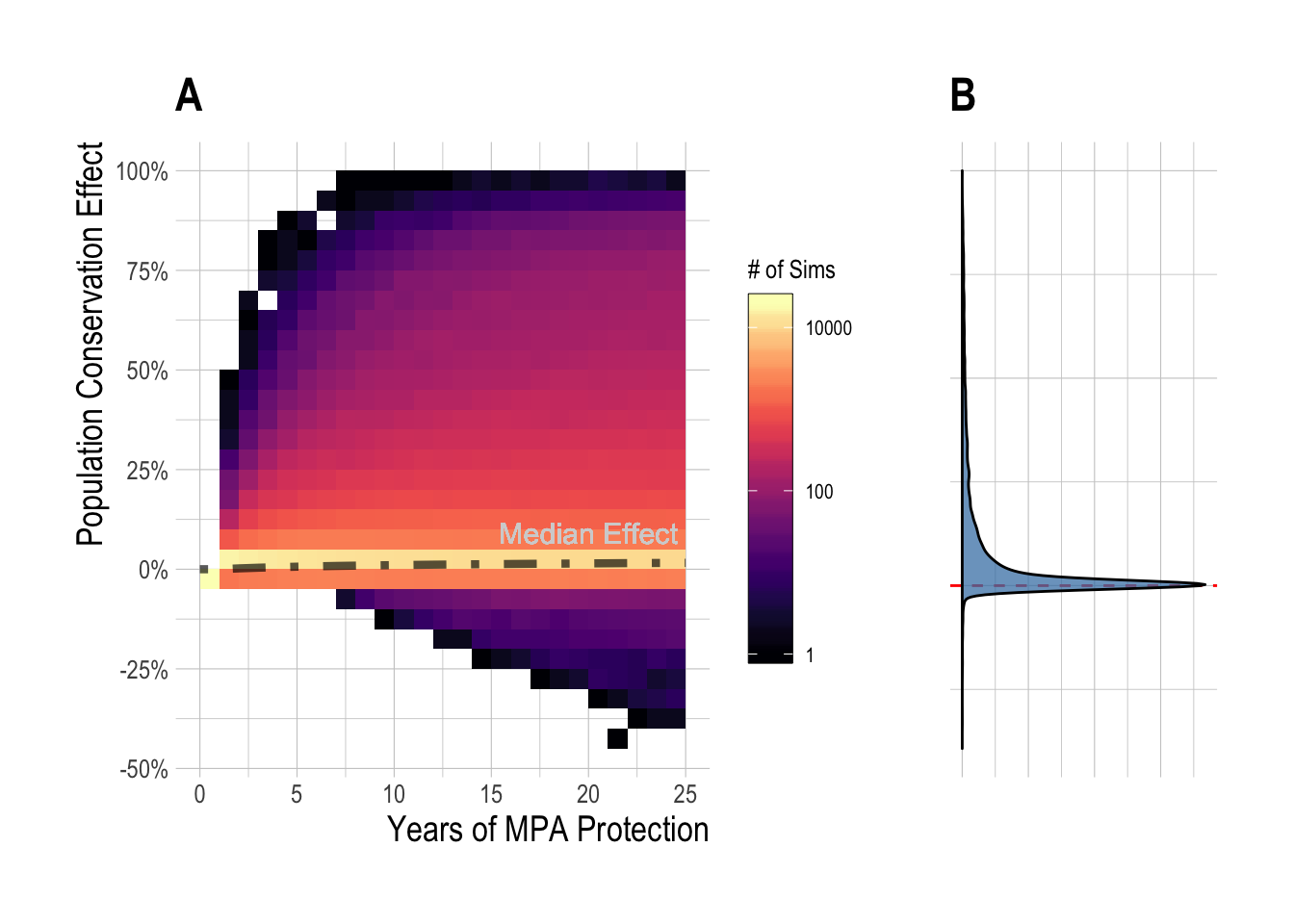 Distribution (and median, black line) of simulated regional MPA effects (expressed as percent of unfished biomass) over time (A), and at equilibrium (B)