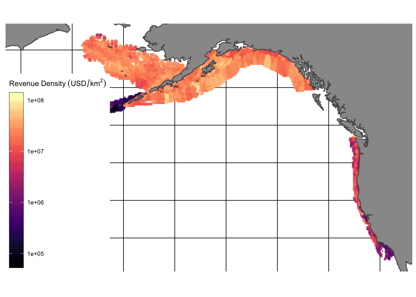 Estimated fishing revenue density ($/km^2)