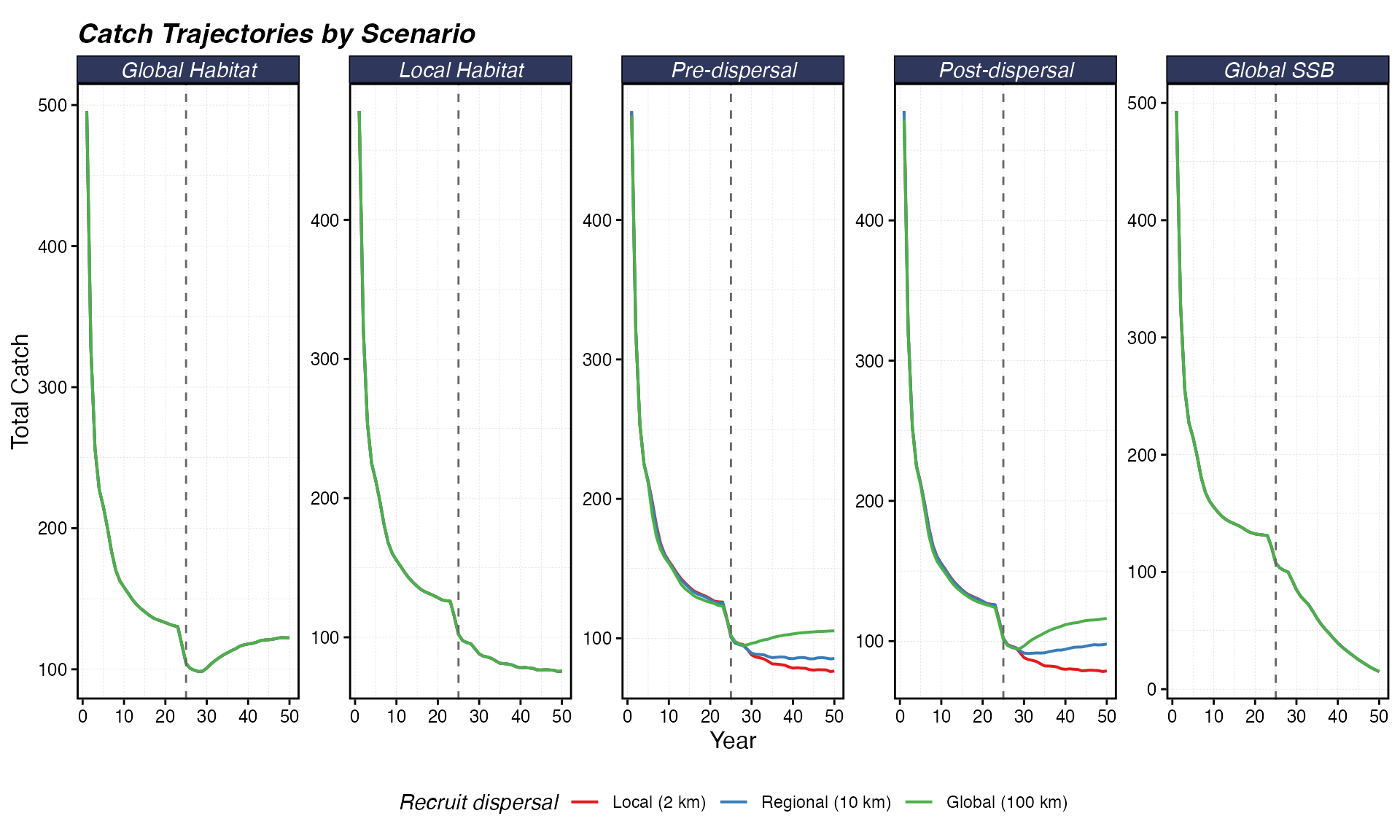 Total catch over time by scenario. The dashed line marks MPA implementation. Catch may decline initially as effort is displaced from productive patches, then partially recover as biomass rebuilds.